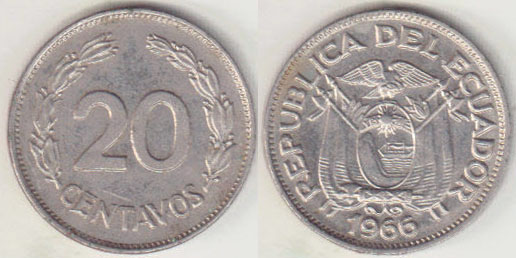 1966 Ecuador 20 Centavos (Unc) A008421